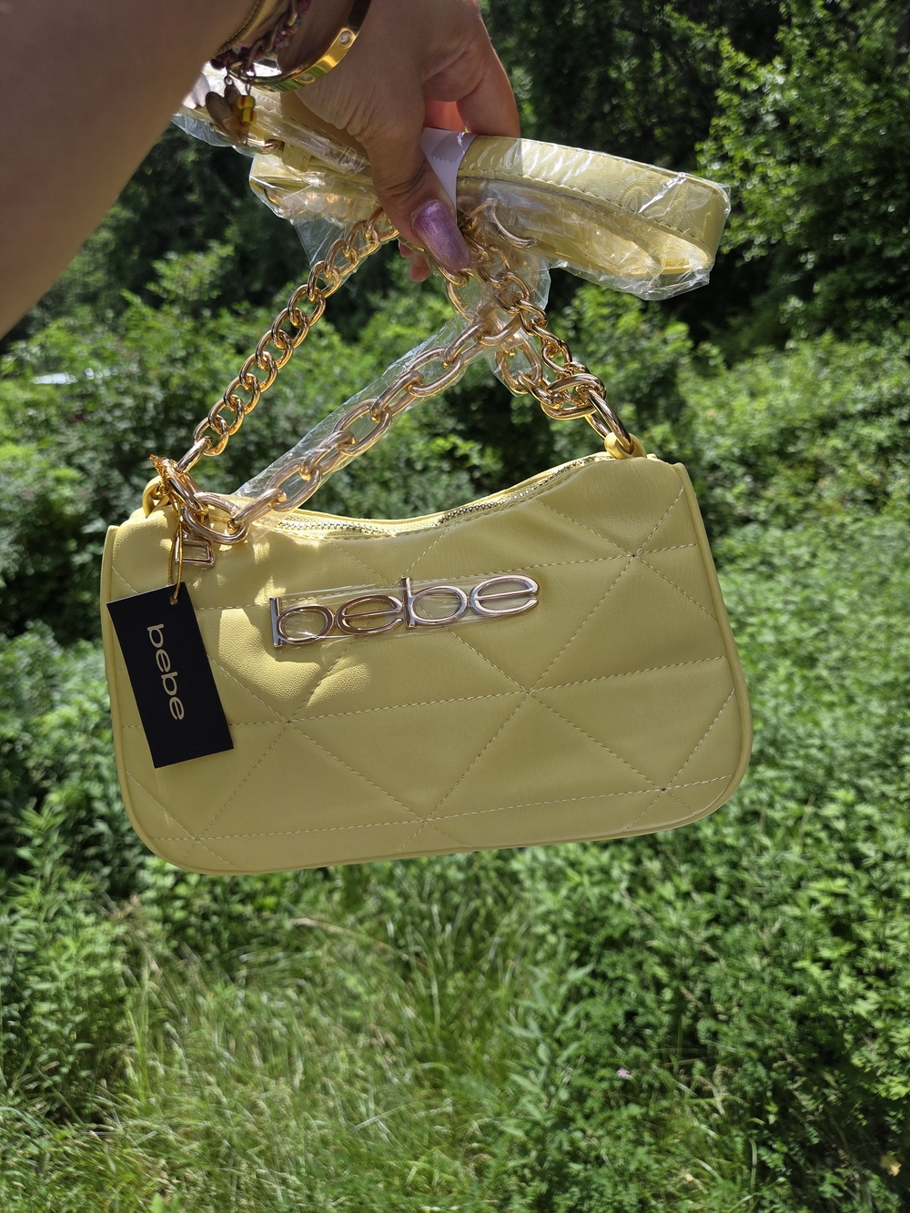 bebe Quilted Mini Shoulder Bag - Lemon Yellow with Gold Chain